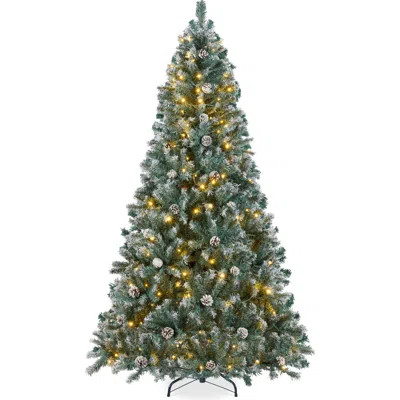 BEST CHOICE PRODUCTS PRE-LIT PRE-DECORATED HOLIDAY CHRISTMAS PINE TREE W/ FLOCKED TIPS, LIGHTS, BASE - BLUE SPRUCE
