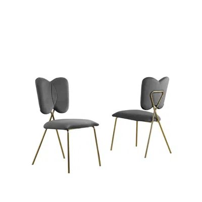 BEST QUALITY FURNITURE SET OF 4, DARK GREY VELVET GUEST SIDE CHAIR WITH WINGBACK, CHROME GOLD