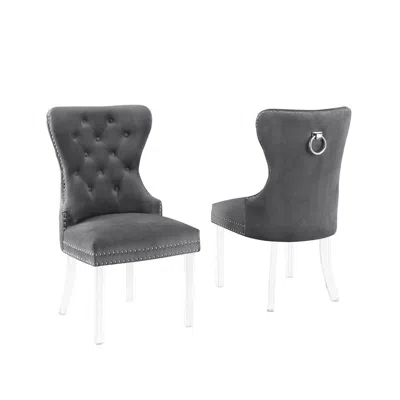 BEST QUALITY FURNITURE VELVET TUFTED SIDE CHAIR SET OF 2, ACRYLIC LEGS, DARK GREY