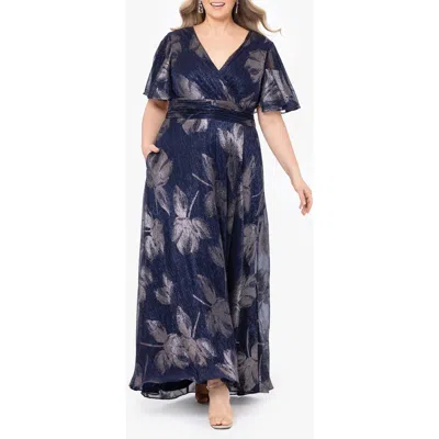 BETSY & ADAM BETSY & ADAM FLORAL FOIL PRINT FLUTTER SLEEVE GOWN
