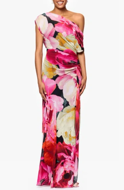 BETSY & ADAM BETSY & ADAM FLORAL ONE-SHOULDER GOWN