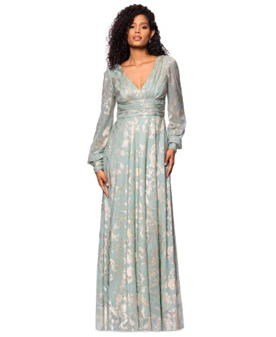 BETSY & ADAM PETITE V-NECK LONG-SLEEVE A-LINE GOWN