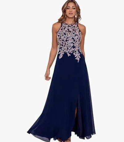 BETSY & ADAM BETSY & ADAM WOMEN'S LONG CHIFFON BEADED HALTER DRESS, NAVY, 10P