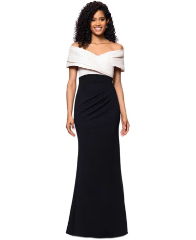 BETSY & ADAM WOMEN'S OFF-THE-SHOULDER COLORBLOCKED GOWN