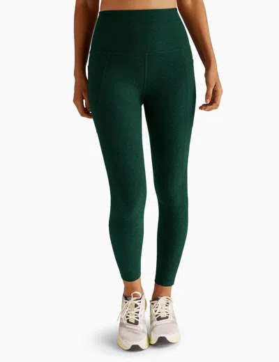 BEYOND YOGA WOMEN'S SPACEDYE OUT OF POCKET HIGH WAISTED MIDI LEGGINGDARK SPRUCE GREEN HEATHER