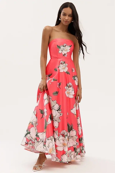BHLDN SAVANNAH STRAPLESS PRINTED SATIN A-LINE MAXI DRESS