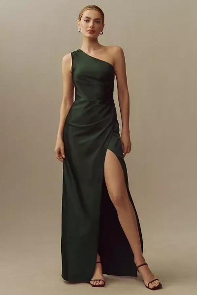 BHLDN SCOTTIE ONE-SHOULDER SIDE-SLIT STRETCH SATIN MAXI DRESS