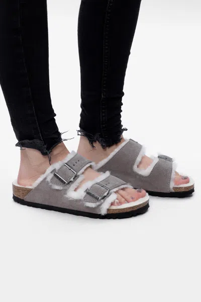 BIRKENSTOCK BIRKENSTOCK ‘ARIZONA FUR’ SUEDE SLIDES