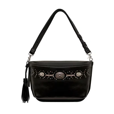 BIXI AWOTAN WOMEN'S LARGE ALL BLACK LEATHER CROSSBODY SLING BAG WITH STUDS & METAL RIVETS UNISEX DETACHABLE TASS