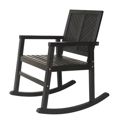 BLACK NED MODERN CHEVRON-BACK 300-LBS SUPPORT ACACIA WOOD PATIO OUTDOOR ROCKING CHAIR, BLACK