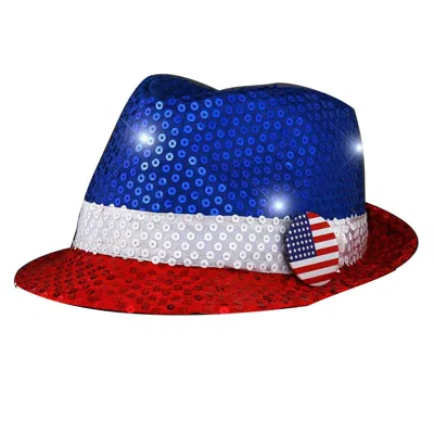 BLINKEE LIGHT UP USA FLASHING FEDORA HAT WITH RED WHITE & BLUE SEQUINS