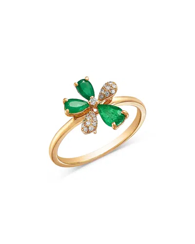 BLOOMINGDALE'S FINE COLLECTION EMERALD & DIAMOND FLOWER RING IN 14K YELLOW GOLD