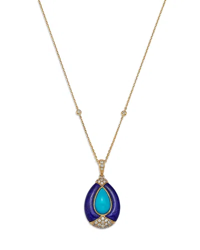 BLOOMINGDALE'S FINE COLLECTION TURQUOISE, LAPIS & DIAMOND TEARDROP PENDANT NECKLACE IN 14K YELLOW GOLD, 18