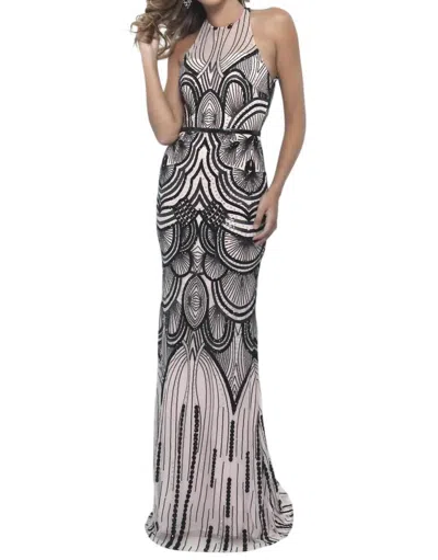 BLUSH PROM SEQUIN OPEN BACK EVENING GOWN IN BLACK/NUDE