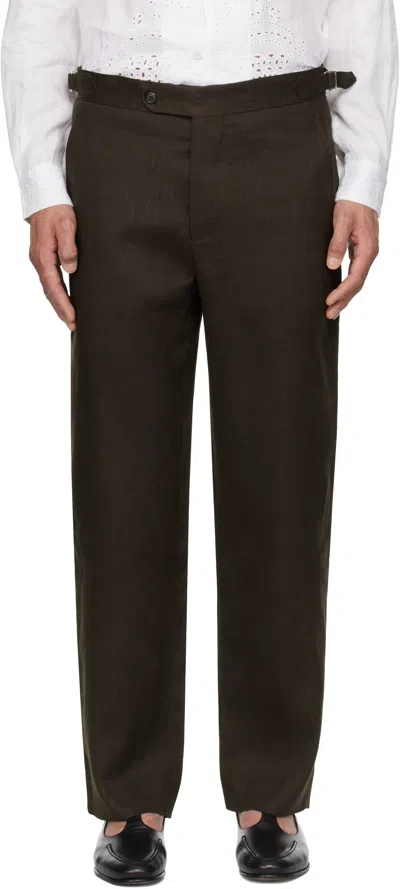 BODE BROWN LIGHTWEIGHT LINEN SIDE-BUCKLE TROUSERS