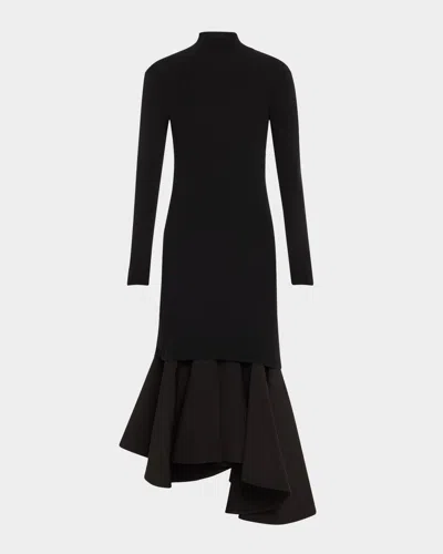 BOTTEGA VENETA ASYMMETRIC MIXED-MEDIA TURTLENECK MIDI DRESS