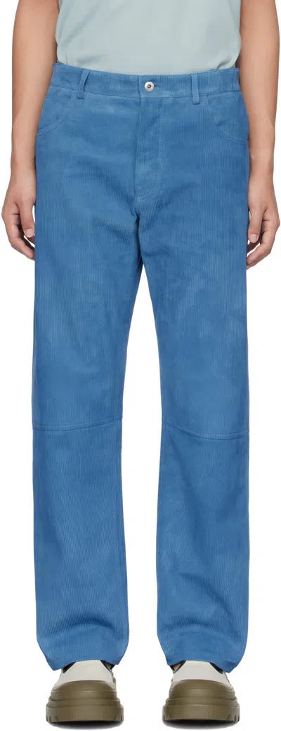 BOTTEGA VENETA BLUE EMBOSSED CORDUROY SUEDE TROUSERS