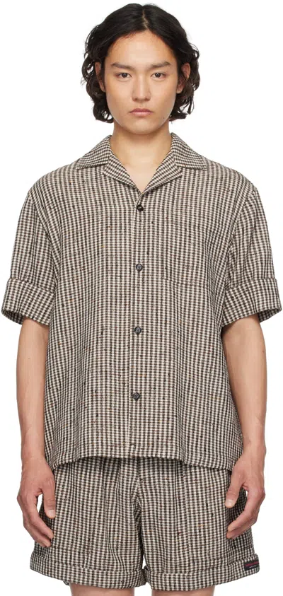 BOTTEGA VENETA BROWN & OFF-WHITE KNOTTED VISCOSE CHECK SHIRT