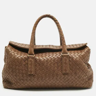 BOTTEGA VENETA BROWN INTRECCIATO LEATHER FLAP BOWLER BAG