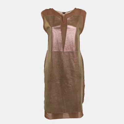 BOTTEGA VENETA BROWN LEATHER ROUND NECK SLEEVELESS SHORT DRESS S