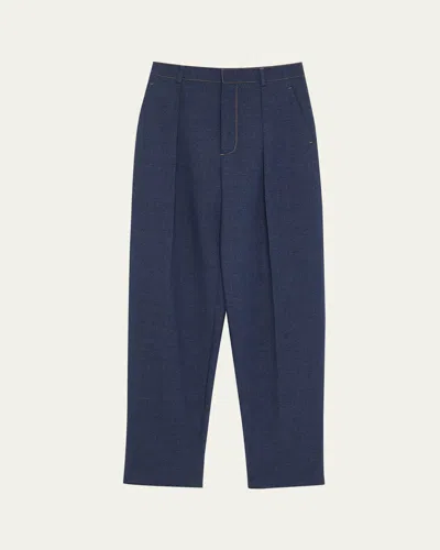 BOTTEGA VENETA MELANGE WOOL DRILL PLEATED TAPERED-LEG TROUSERS