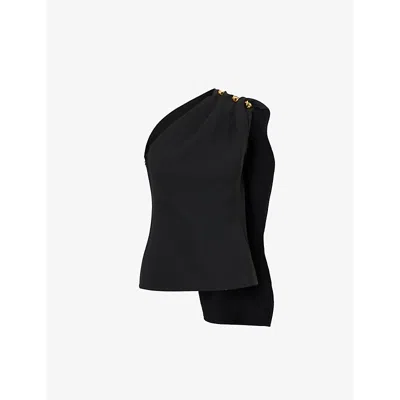 BOTTEGA VENETA WOMENS BLACK KNOT-HARDWARE ASYMMETRIC CREPE WOOL-BLEND TOP