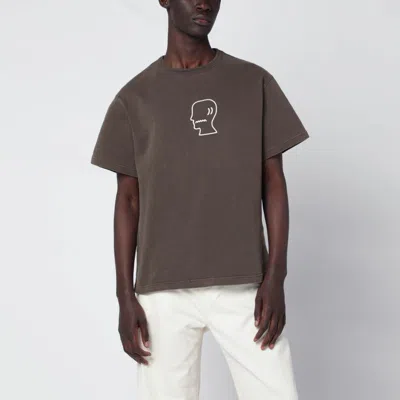 BRAIN DEAD BROWN VINTAGE-EFFECT T-SHIRT WITH EMBROIDERED LOGO