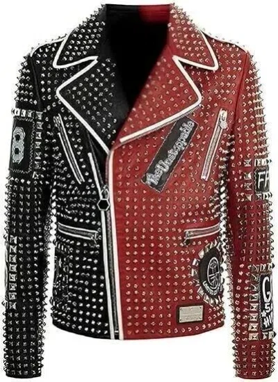 BRANDO MEN'S BRANDO STUDDED SPIKES PUNK ROCK MOTORCYCLE BIKER TWO TONE LEATHER JACKET.