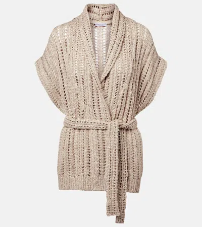 BRUNELLO CUCINELLI DAZZLING SILK AND LINEN-BLEND WRAP CARDIGAN