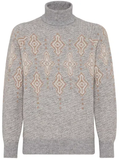 BRUNELLO CUCINELLI BRUNELLO CUCINELLI GEOMETRIC JACQUARD TURTLENECK SWEATER IN ALPACA, COTTON AND WOOL