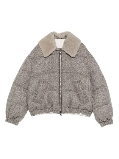 BRUNELLO CUCINELLI HERRINGBONE-PATTERN SHEARLING-COLLAR JACKET