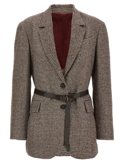 BRUNELLO CUCINELLI HOUNDSTOOTH BLAZER BLAZERS BROWN