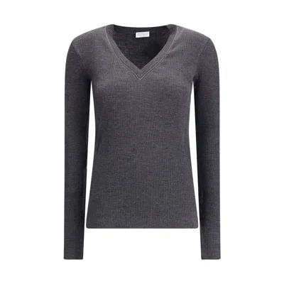 BRUNELLO CUCINELLI LONG SLEEVE WOOL RIBBED JERSEY T-SHIRT WITH SHINY TRIM