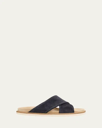 BRUNELLO CUCINELLI MEN'S CRISS-CROSS SUEDE SLIDE SANDALS