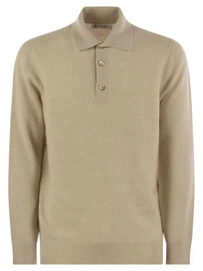 BRUNELLO CUCINELLI BRUNELLO CUCINELLI MEN WAFFLE STITCH CASHMERE KNIT POLO SHIRT WITH LONG SLEEVE