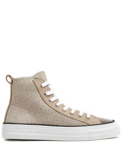 BRUNELLO CUCINELLI MONILI-EMBELLISHED METALLIC-KNIT SNEAKERS