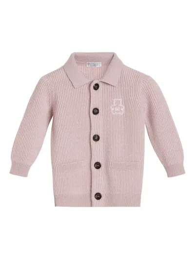 BRUNELLO CUCINELLI RIBBED-KNIT BEAR-EMBROIDERED CARDIGAN