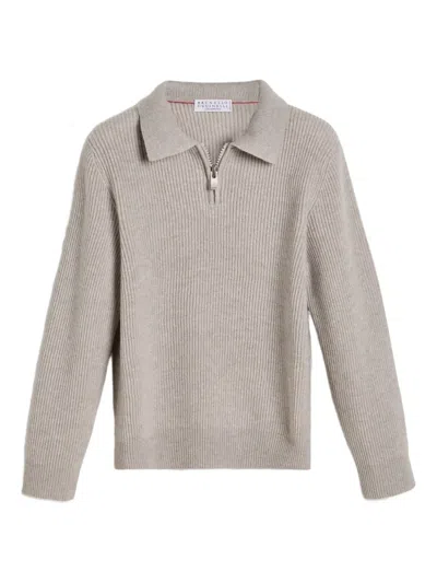 BRUNELLO CUCINELLI RIBBED ZIP-UP POLO TOP