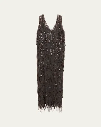 BRUNELLO CUCINELLI SEQUINED NET V-NECK OPERA DRESS