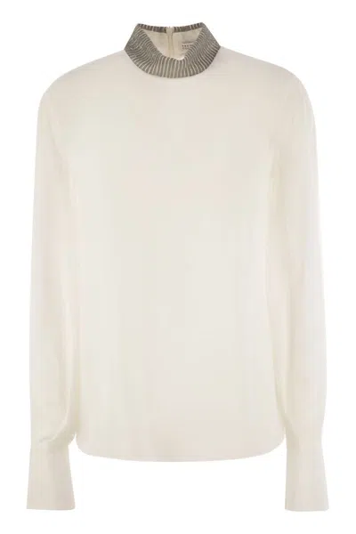 BRUNELLO CUCINELLI BRUNELLO CUCINELLI SILK CREPE DE CHINE BLOUSE WITH NECK JEWEL