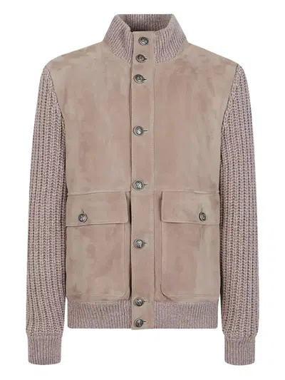 BRUNELLO CUCINELLI SUEDE KNITTED-SLEEVES JACKET