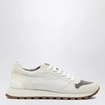 BRUNELLO CUCINELLI WHITE NYLON AND SUEDE TRAINER
