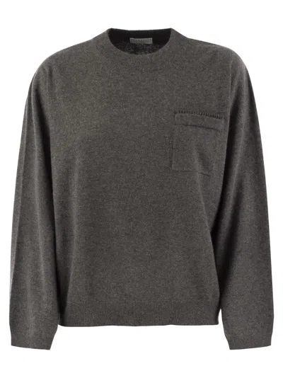 BRUNELLO CUCINELLI BRUNELLO CUCINELLI WOMEN CASHMERE SWEATER WITH BREAST POCKET AND NECKLACE
