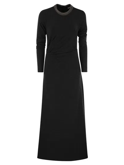 BRUNELLO CUCINELLI BRUNELLO CUCINELLI WOMEN DRAPED DRESS IN STRETCH VIRGIN WOOL JERSEY WITH PRECIOUS COLLAR