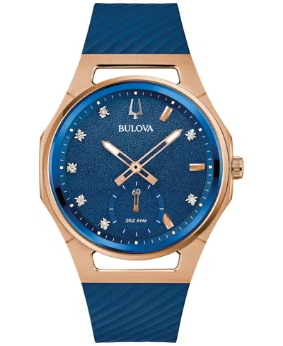 BULOVA WOMEN'S MARC ANTHONY CURV DIAMOND ACCENT BLUE SILICONE STRAP WATCH 41MM