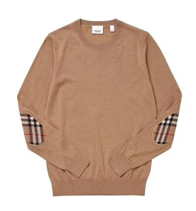 BURBERRY $830 BURBERRY BEMPTON CAMEL MERINO WOOL ELBOW CHECK PATCHES PULLOVER SWEATER S