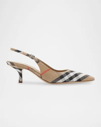 BURBERRY BIRDIE METALLIC CHECK SLINGBACK KITTEN-HEEL PUMPS