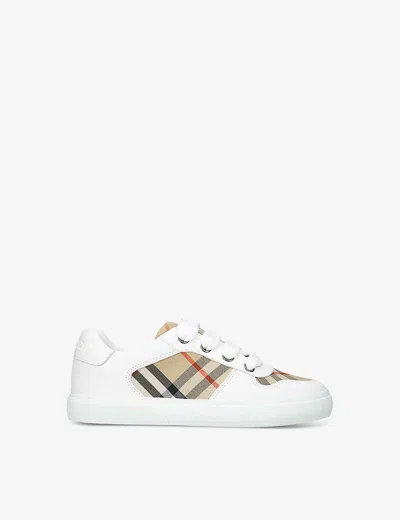 BURBERRY WINTER WHT KIDS' NOAH CHECK-PRINT LEATHER LOW-TOP TRAINERS EUR 32 / 13 UK