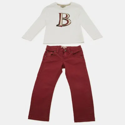BURBERRY BURBERRY CHILDREN WHITE / MAROON COTTON T-SHIRT & DENIM SET 5 YRS