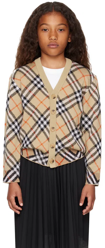BURBERRY KIDS BEIGE CHECK WOOL CARDIGAN
